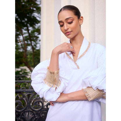 LABEL RUHBAB Pin-Tucked Balloon Sleeves & Hand Embroidered Jute Cuffs Dress