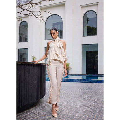 LABEL RUHBAB Linen Hand Embroidered Pearls Pant