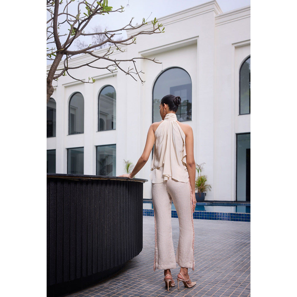 LABEL RUHBAB Linen Hand Embroidered Pearls Pant