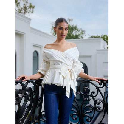 LABEL RUHBAB Off-Shoulder Pearl & Sequin Embroidered Top
