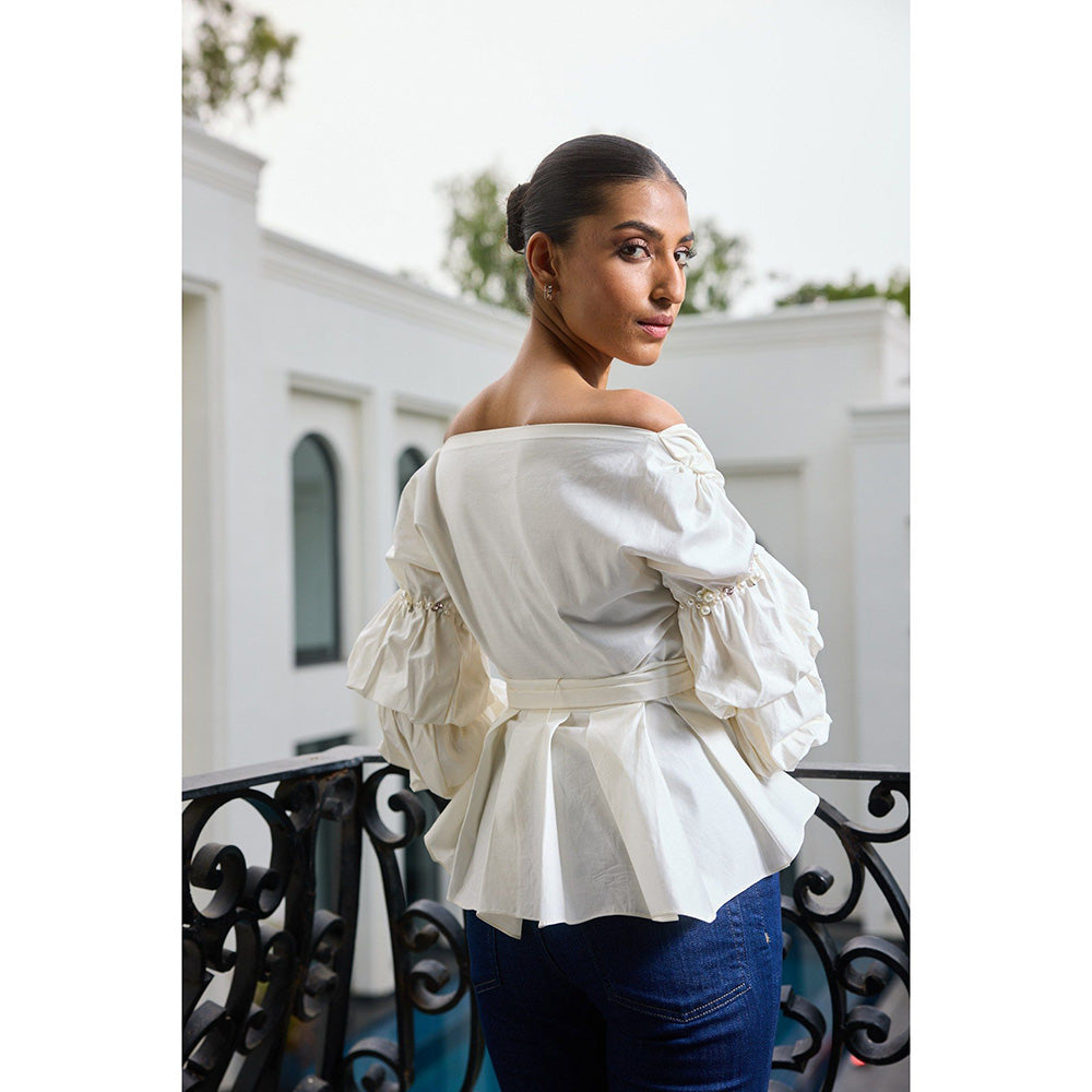 LABEL RUHBAB Off-Shoulder Pearl & Sequin Embroidered Top