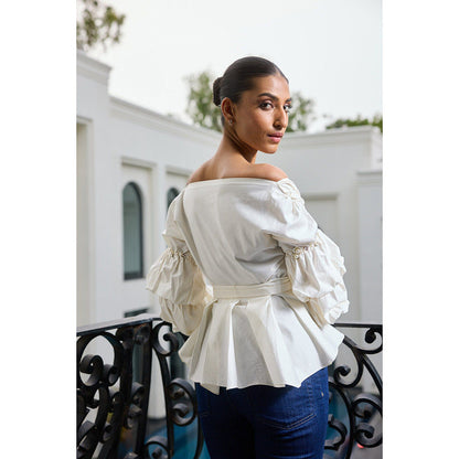 LABEL RUHBAB Off-Shoulder Pearl & Sequin Embroidered Top