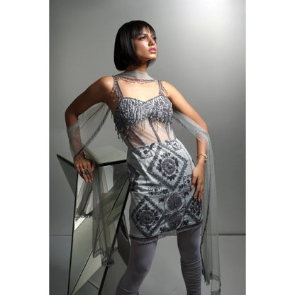 Label Suravika S Blue Embellished/Sequined Rezi Short Kurta with Legging and Dupatta (Set of 3)