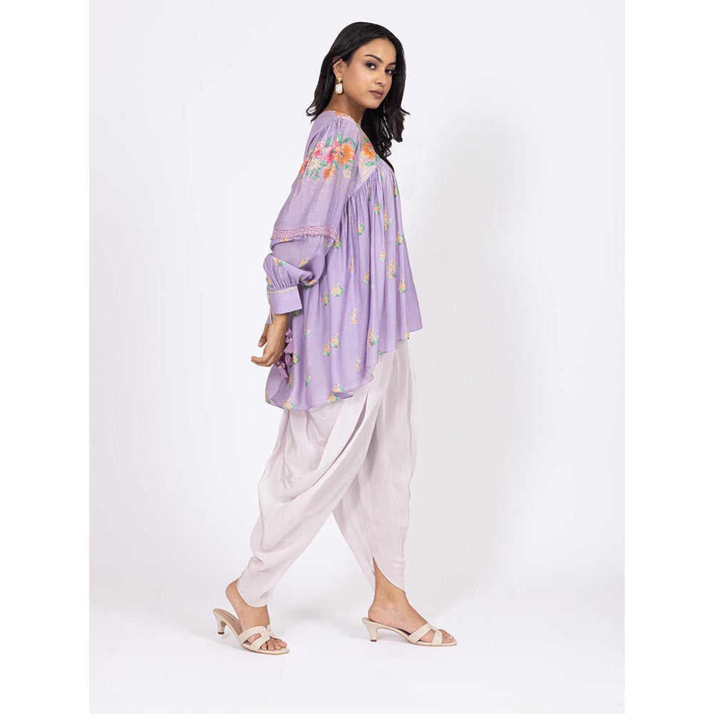 LABEL NAARITI Zoya Floral Printed Muslin Top with Lilac Crepe Dhoti (Set of 2)