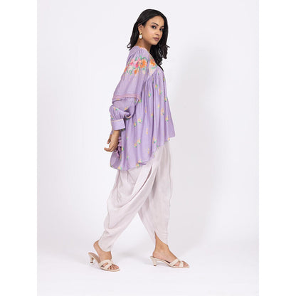 LABEL NAARITI Zoya Floral Printed Muslin Top with Lilac Crepe Dhoti (Set of 2)