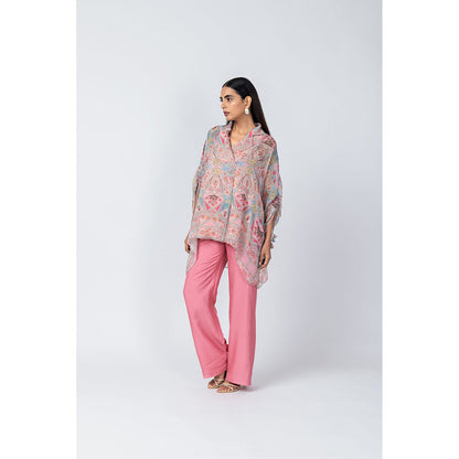 LABEL NAARITI Raha Pink Printed Top with Pant and Slip (Set of 3)