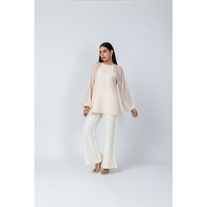 LABEL NAARITI Arzoo Beige and White Top with Pant (Set of 2)