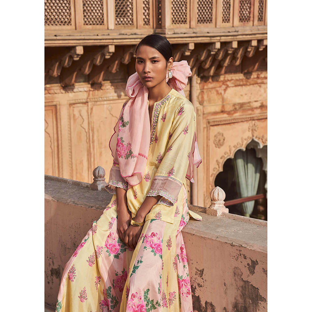 LABEL NAARITI Shabana Yellow Kurti with Sharara and Dupatta (Set of 3)
