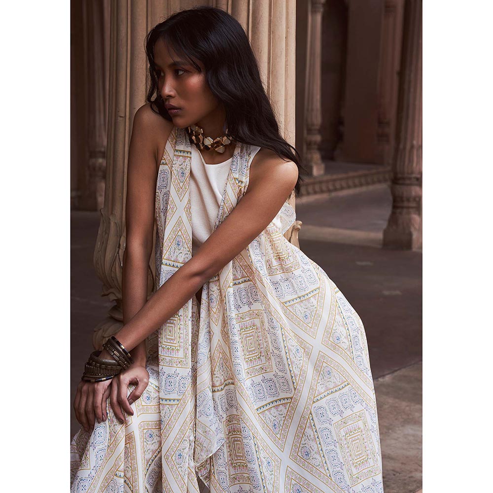 LABEL NAARITI Taara Beige Crop Top with Palazzo and Overlay Jacket (Set of 3)