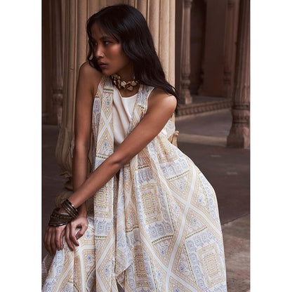 LABEL NAARITI Taara Beige Crop Top with Palazzo and Overlay Jacket (Set of 3)
