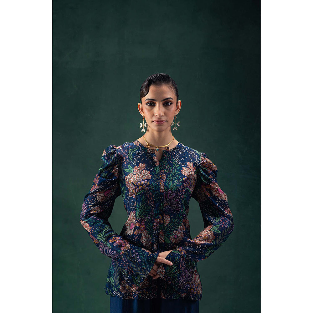 LABEL NAARITI Arya Navy Blue Blouse with Jacket and Sharara (Set of 3)