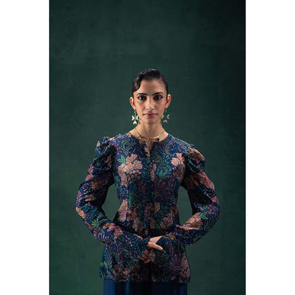 LABEL NAARITI Arya Navy Blue Blouse with Jacket and Sharara (Set of 3)