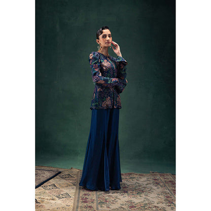 LABEL NAARITI Arya Navy Blue Blouse with Jacket and Sharara (Set of 3)
