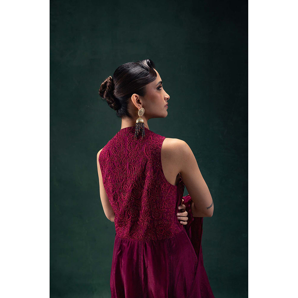 LABEL NAARITI Iraaya Wine Kurta with Palazzo and Dupatta (Set of 3)
