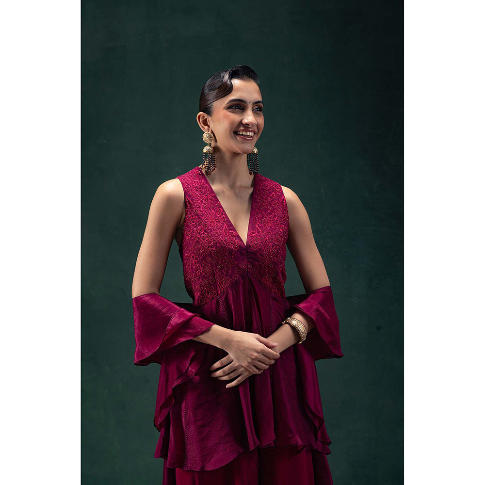 LABEL NAARITI Iraaya Wine Kurta with Palazzo and Dupatta (Set of 3)