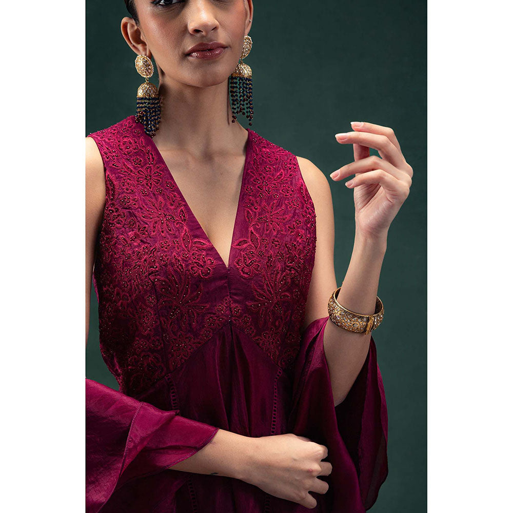 LABEL NAARITI Iraaya Wine Kurta with Palazzo and Dupatta (Set of 3)