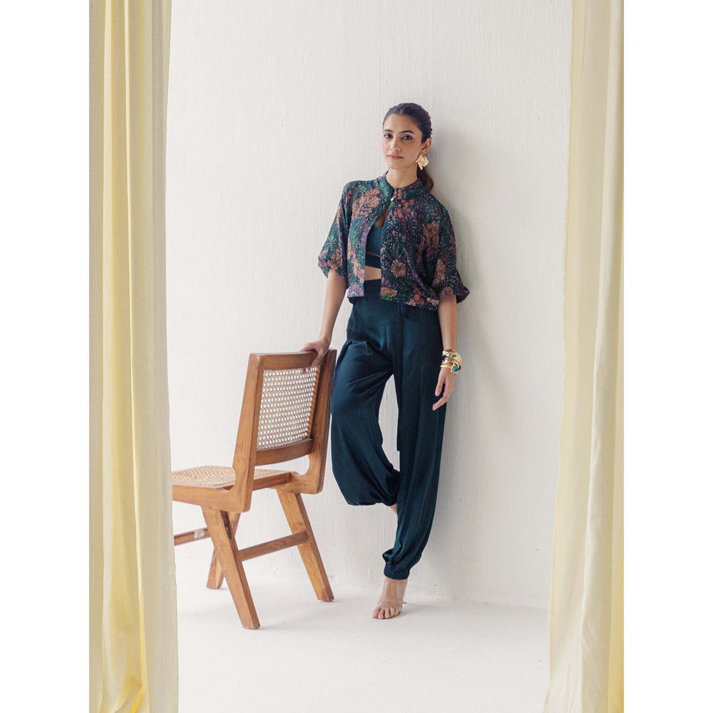 LABEL NAARITI Saina Teal Blouse with Jacket and Salwar (Set of 3)