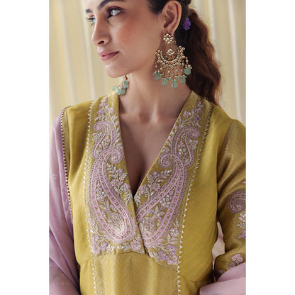 LABEL NAARITI Ahana Yellow Anarkali Kurta with Palazzo and Dupatta (Set of 3)
