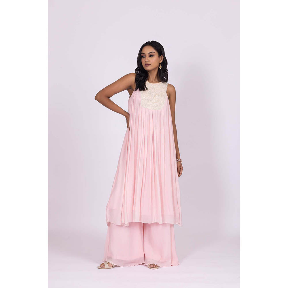 LABEL NAARITI Pink Embroidered Saumya Kurta with Palazzo (Set of 2)