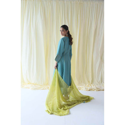 LABEL NAARITI Turquoise Embroidered Rivkah Kurta with Pant and Dupatta (Set of 3)