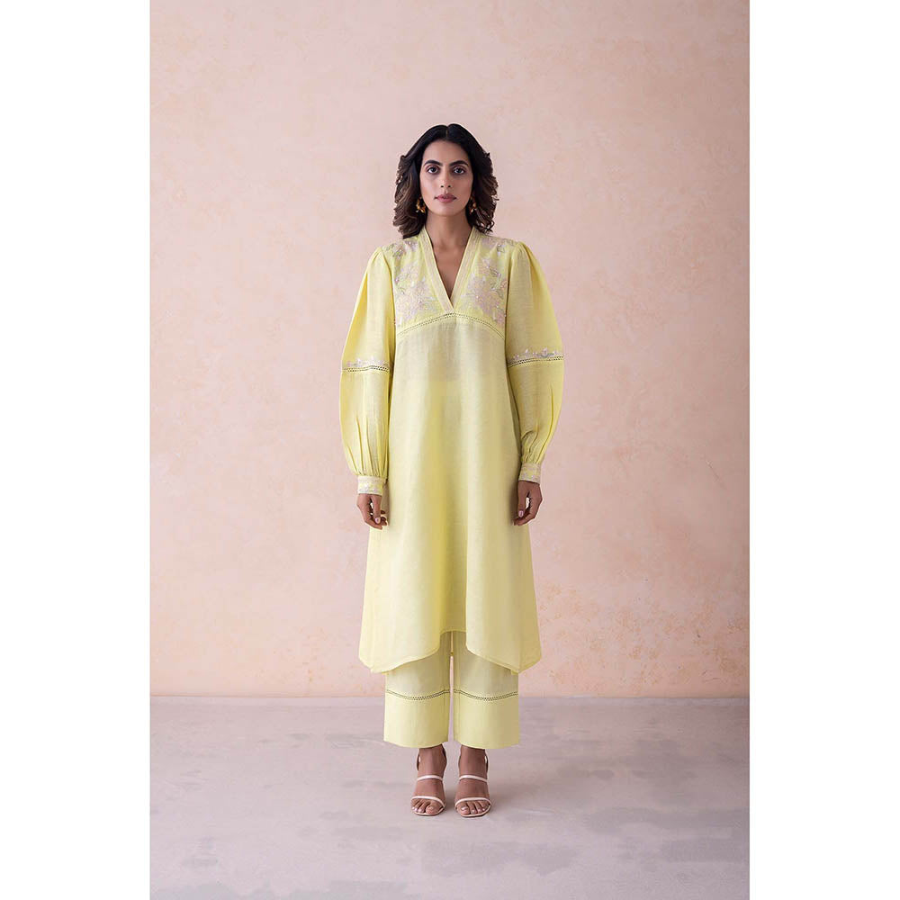 LABEL NAARITI Yellow Embroidered Anya Kurta with Pant (Set of 2)