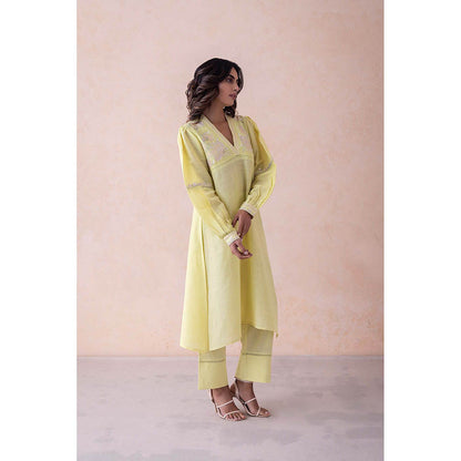 LABEL NAARITI Yellow Embroidered Anya Kurta with Pant (Set of 2)