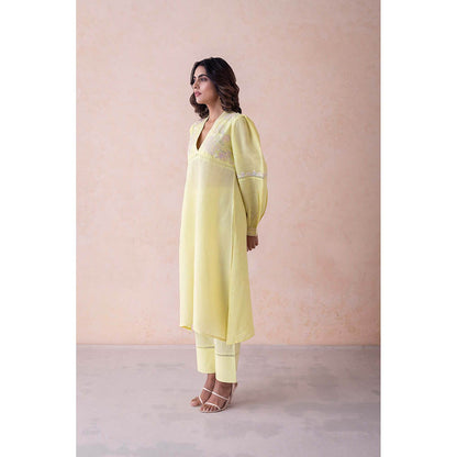 LABEL NAARITI Yellow Embroidered Anya Kurta with Pant (Set of 2)