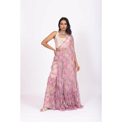 LABEL NAARITI Pink Embroidered Nalini Blouse with Sharara and Jacket (Set of 3)