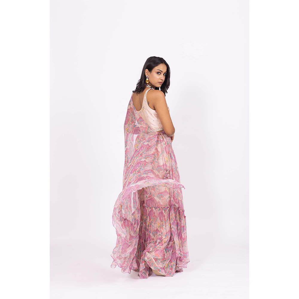 LABEL NAARITI Pink Embroidered Nalini Blouse with Sharara and Jacket (Set of 3)