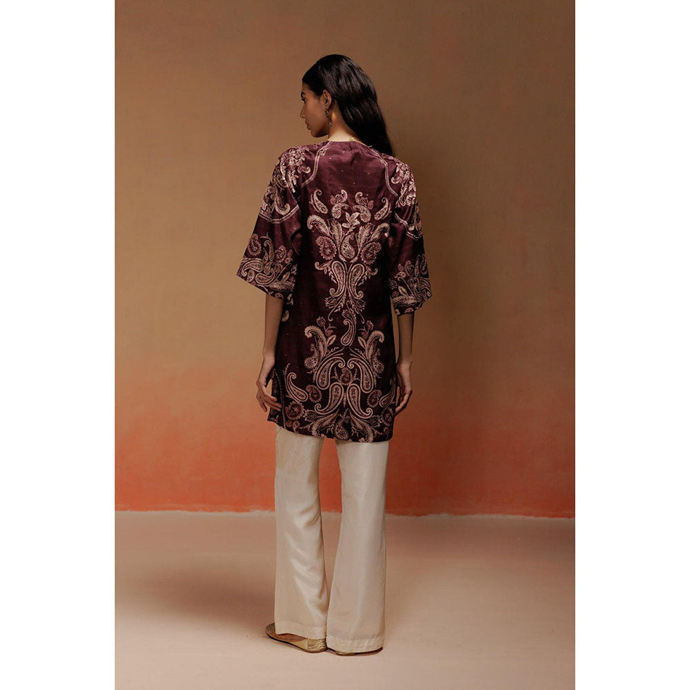 LABEL NAARITI Aza Brown Jacquard Paisley Print Kurta with Ivory Silk Pant