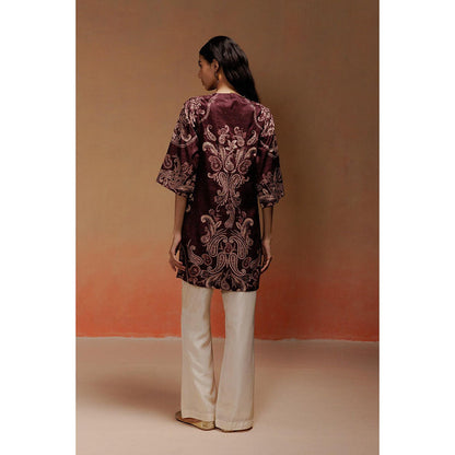 LABEL NAARITI Aza Brown Jacquard Paisley Print Kurta with Ivory Silk Pant