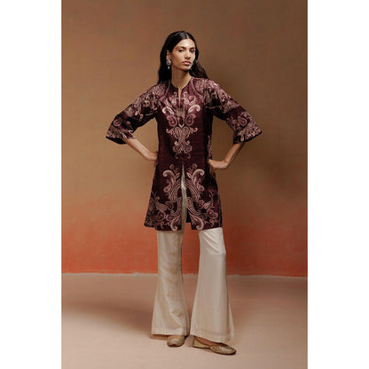 LABEL NAARITI Aza Brown Jacquard Paisley Print Kurta with Ivory Silk Pant