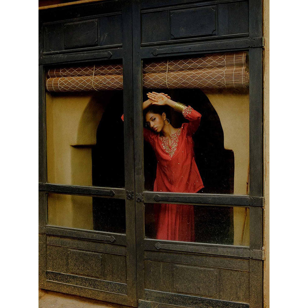 LABEL NAARITI Tapsi Rust Katan Silk Hand Embroidery Kurta with Draped Satin Skirt