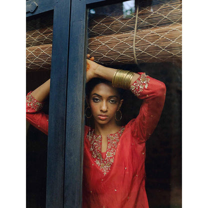 LABEL NAARITI Tapsi Rust Katan Silk Hand Embroidery Kurta with Draped Satin Skirt