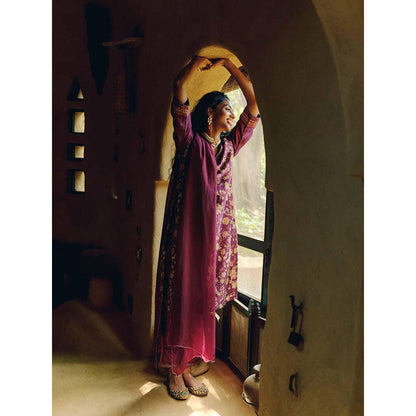 LABEL NAARITI Alana Maroon Printed Raw Silk Kurta with Pant and Dupatta