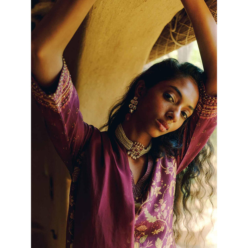LABEL NAARITI Alana Maroon Printed Raw Silk Kurta with Pant and Dupatta