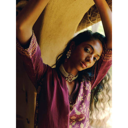 LABEL NAARITI Alana Maroon Printed Raw Silk Kurta with Pant and Dupatta