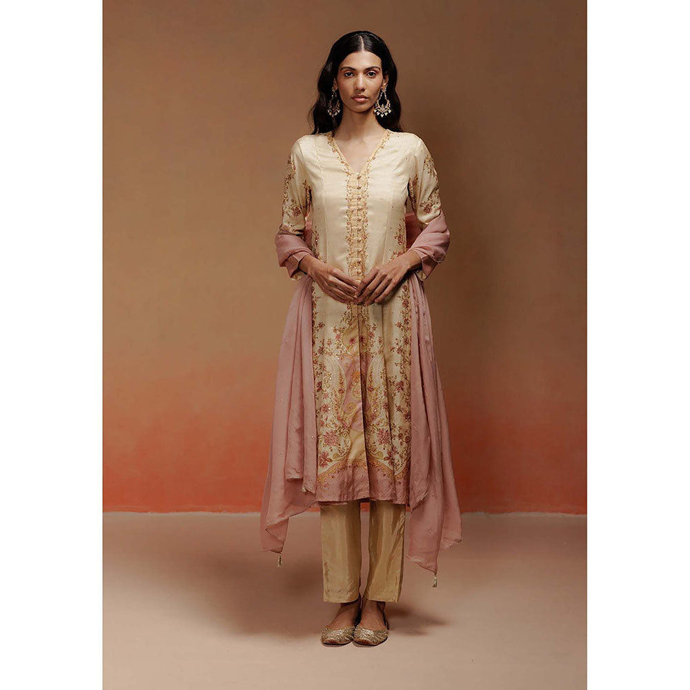 LABEL NAARITI Sonia Floral Embroidered Beige Kurta with Pant