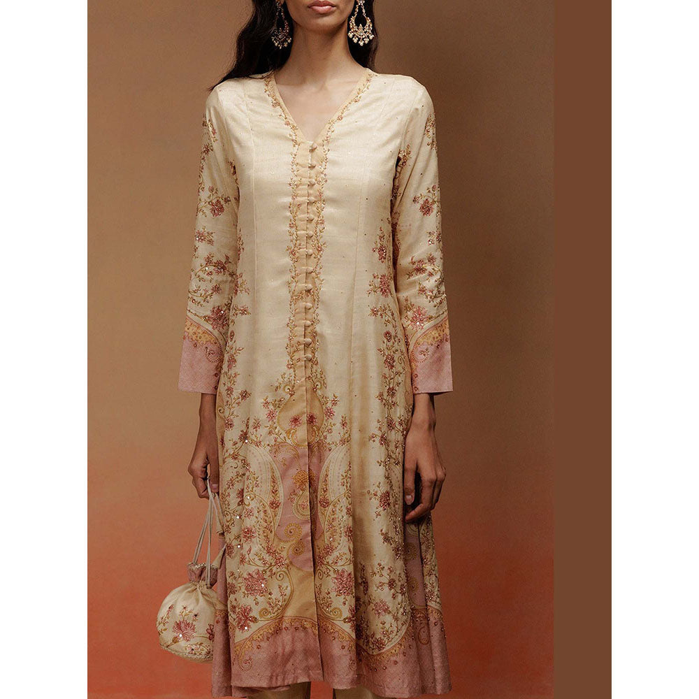 LABEL NAARITI Sonia Floral Embroidered Beige Kurta with Pant