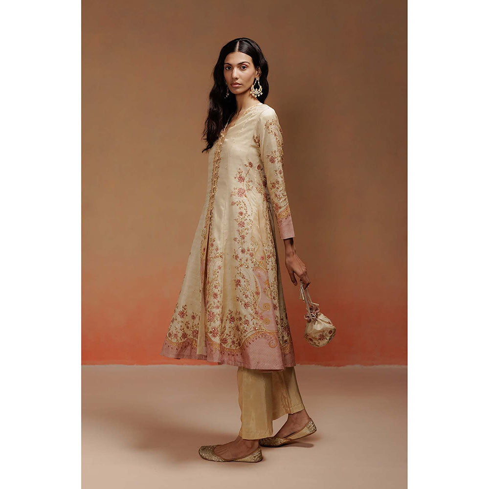 LABEL NAARITI Sonia Floral Embroidered Beige Kurta with Pant