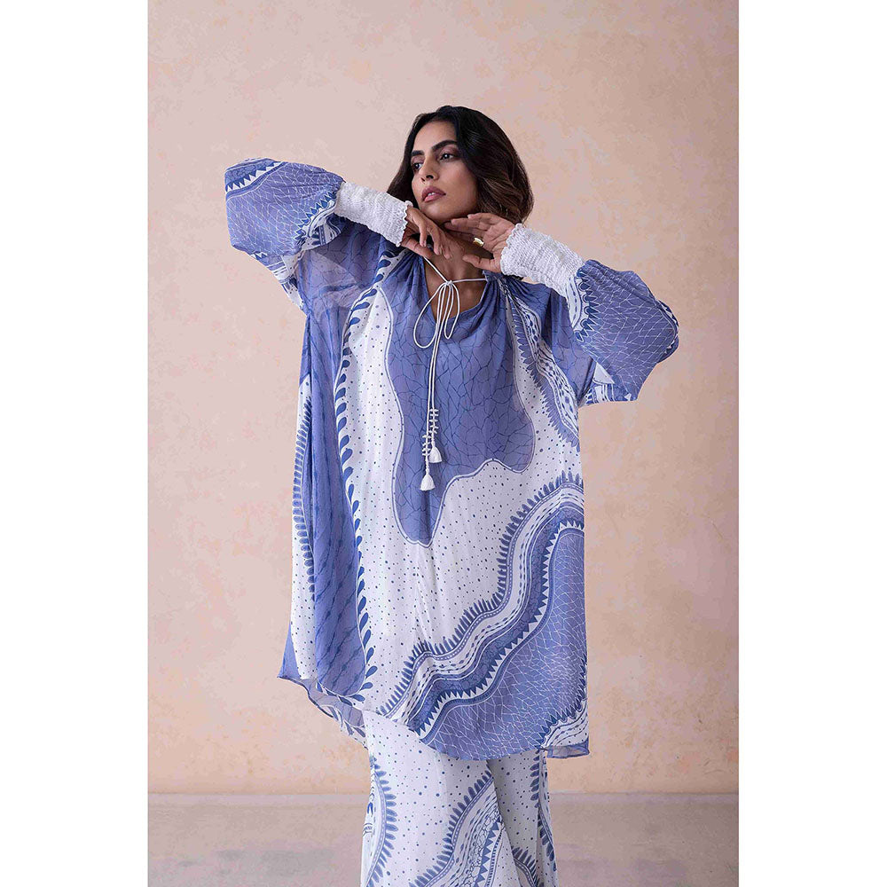 LABEL NAARITI Women Abstract Printed Blue Top with Palazzo Co-Ord