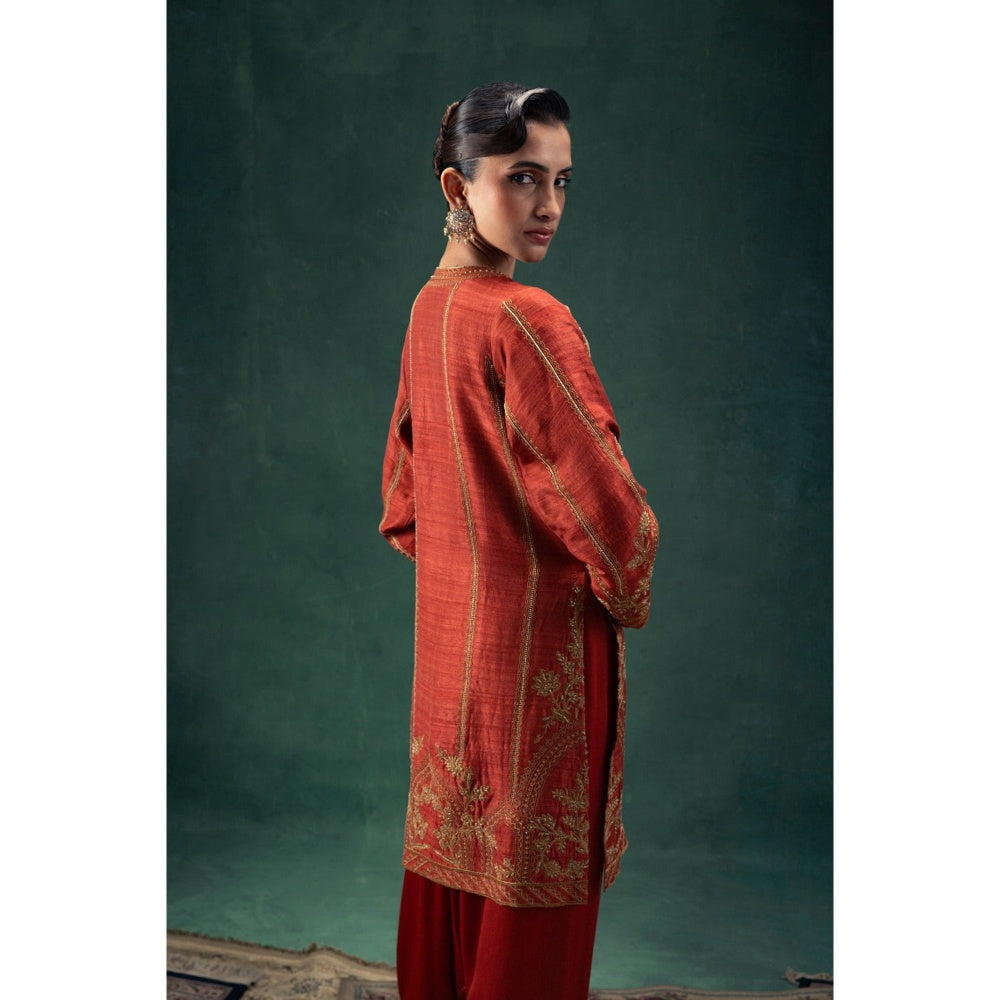 LABEL NAARITI Maahira Rust Orange Embroidered Kurta Sets