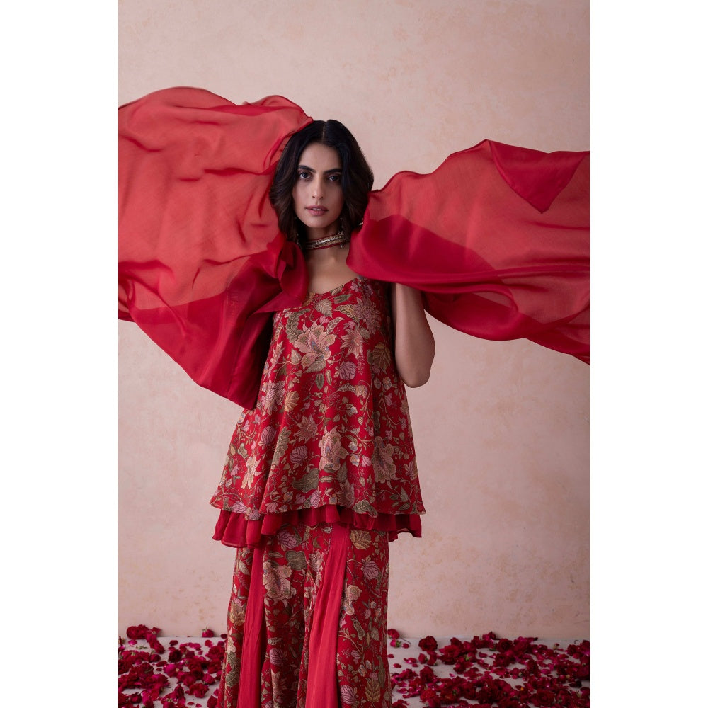 LABEL NAARITI Amina Red Printed Reular Fit Sharara Sets