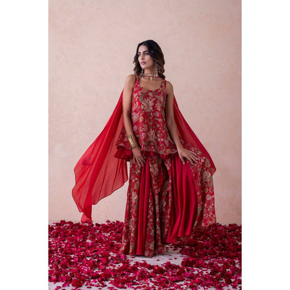 LABEL NAARITI Amina Red Printed Reular Fit Sharara Sets