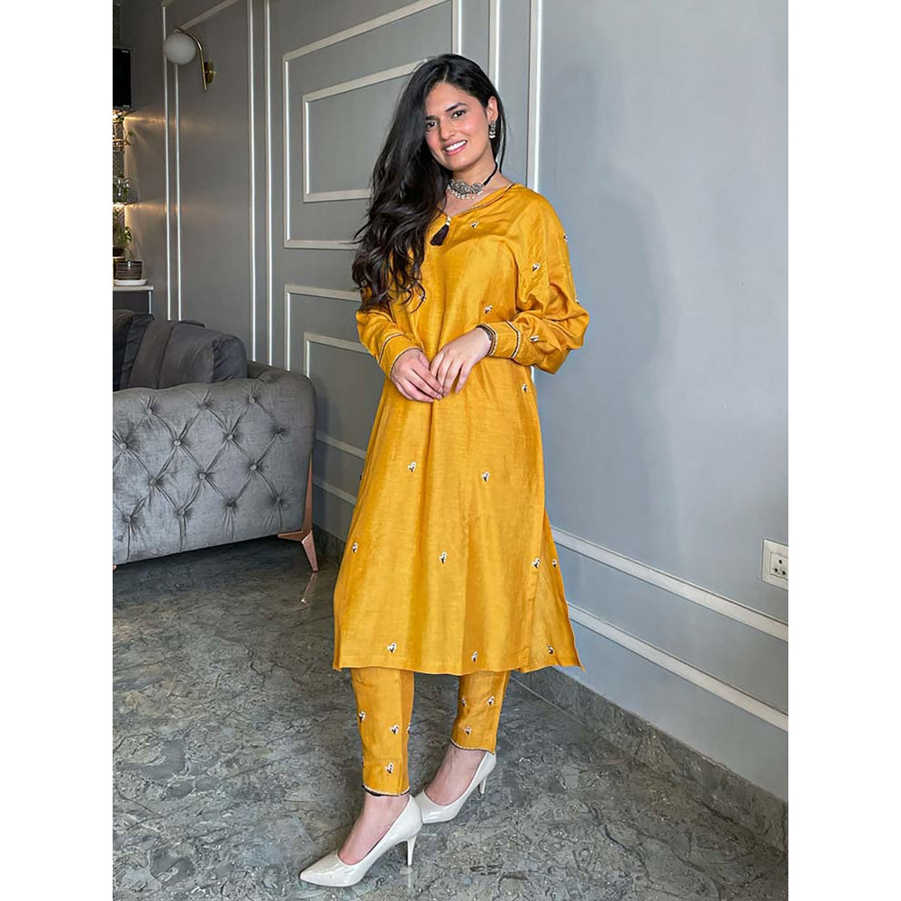 Label Ruby Beautifully Hand Embroidered Mustard Kurta with Pant (Set of 2)