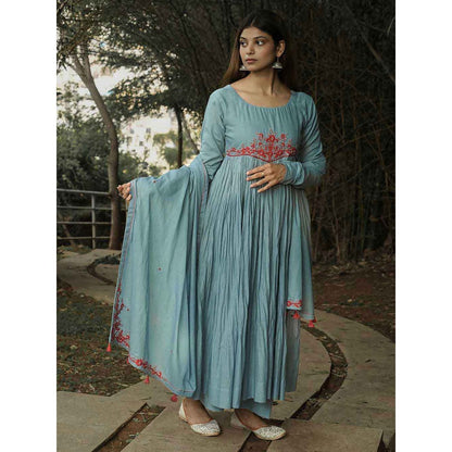 Label Ruby Hand Embroidered Pale Blue Anarkali with Pant and Dupatta (Set of 3)