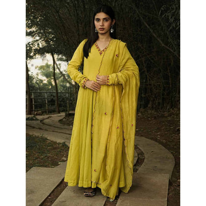 Label Ruby Hand Embroidered Dark Yellow Anarkali with Pant and Dupatta (Set of 3)