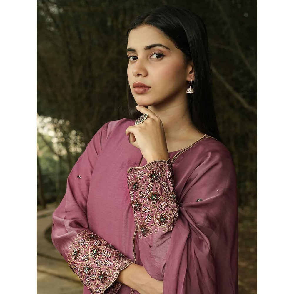 Label Ruby Zari Embroidered Mauve Kurta with Pant and Dupatta (Set of 3)