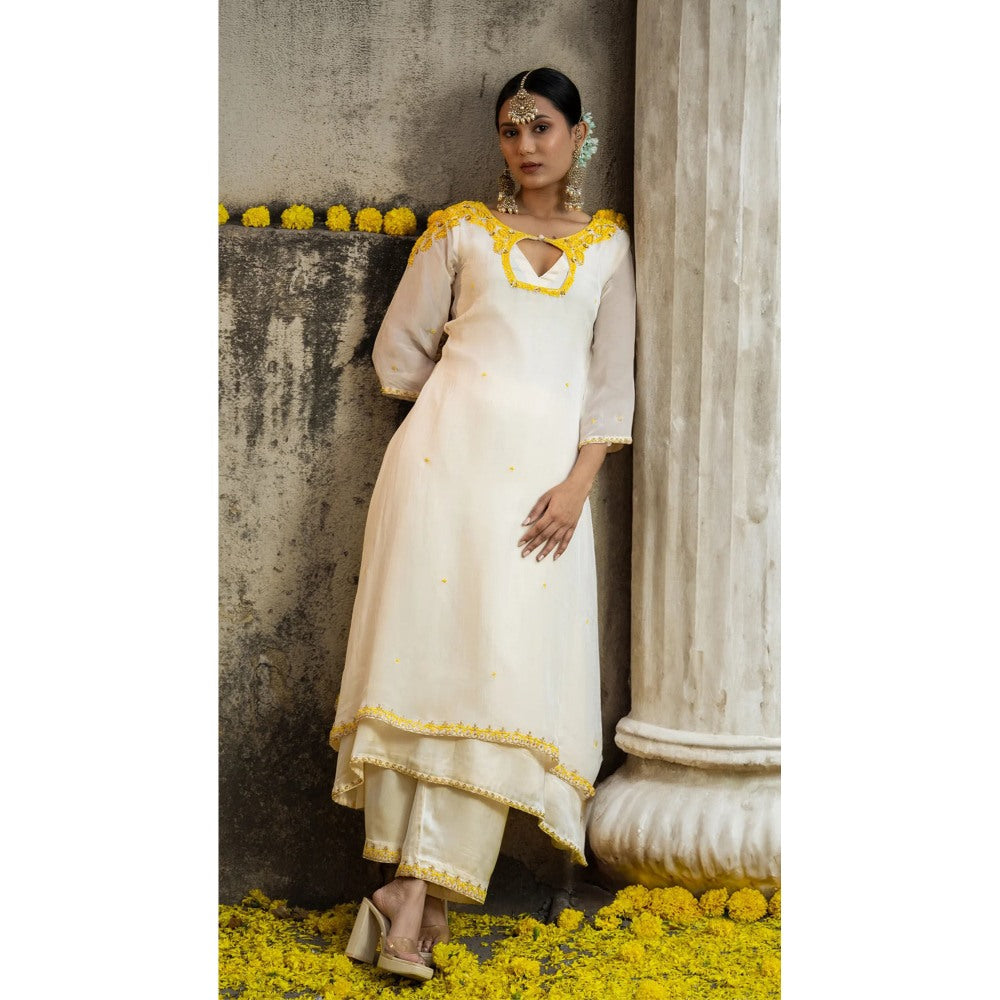 Label Ruby Beautifully Hand Embroidered Ivory Kurta with Pant (Set of 2)