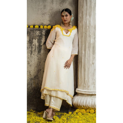Label Ruby Beautifully Hand Embroidered Ivory Kurta with Pant (Set of 2)